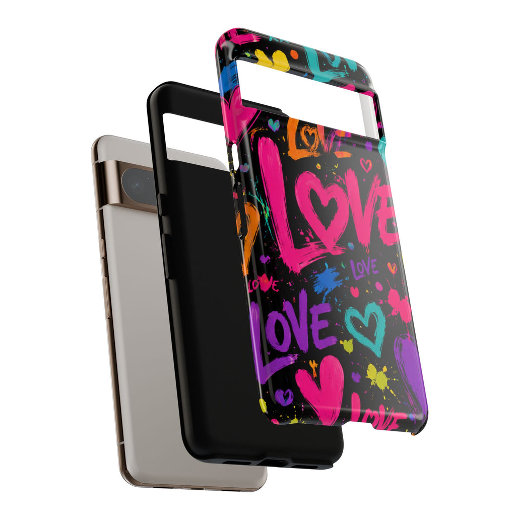 Phone Case — Neon Graffiti "Love" Hearts Protective Tough Case
