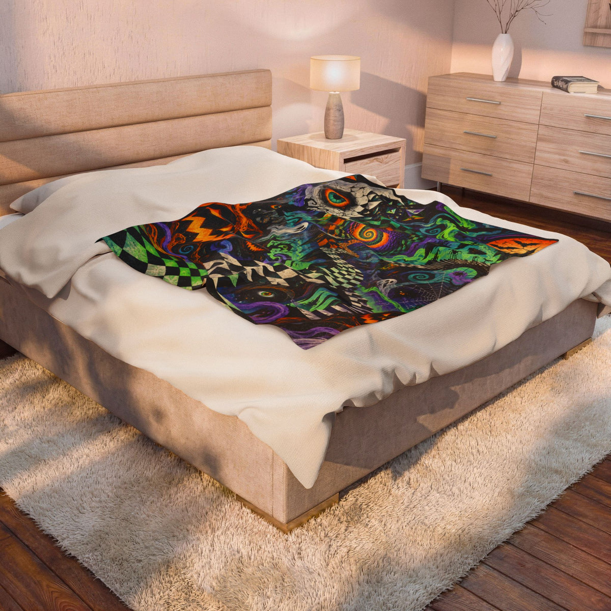 Halloween Psychedelic Plush Blanket - Spooky Pumpkin, Ghosts & Spiral Art Throw