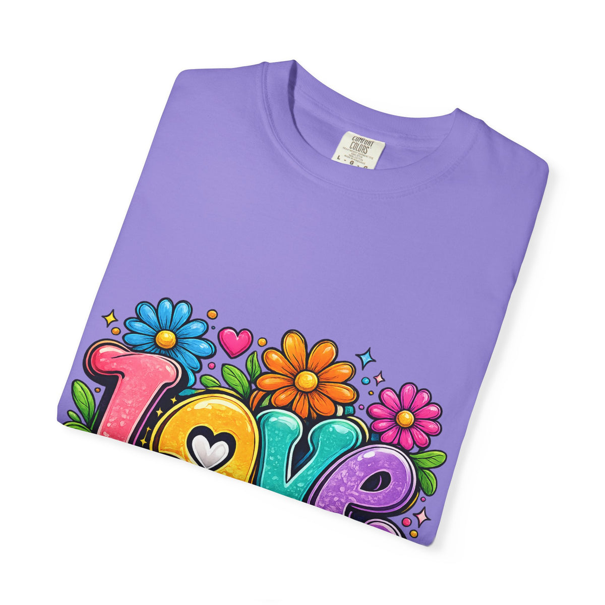 Retro Floral "Love" Design T-shirt | Colorful 70s Heart Typography