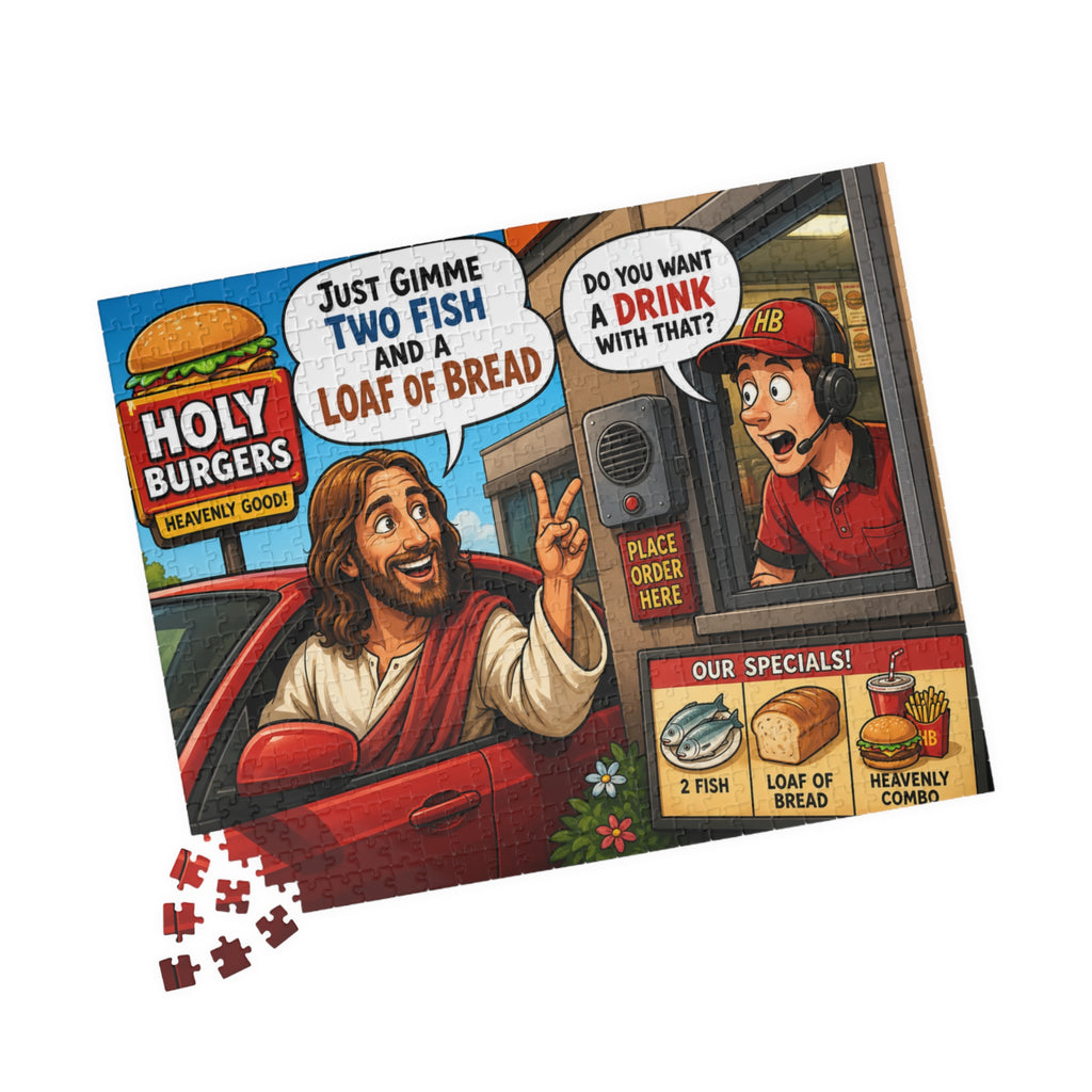 Jesus Drive-Thru Puzzle 520 Piece | Holy Burgers Illustration