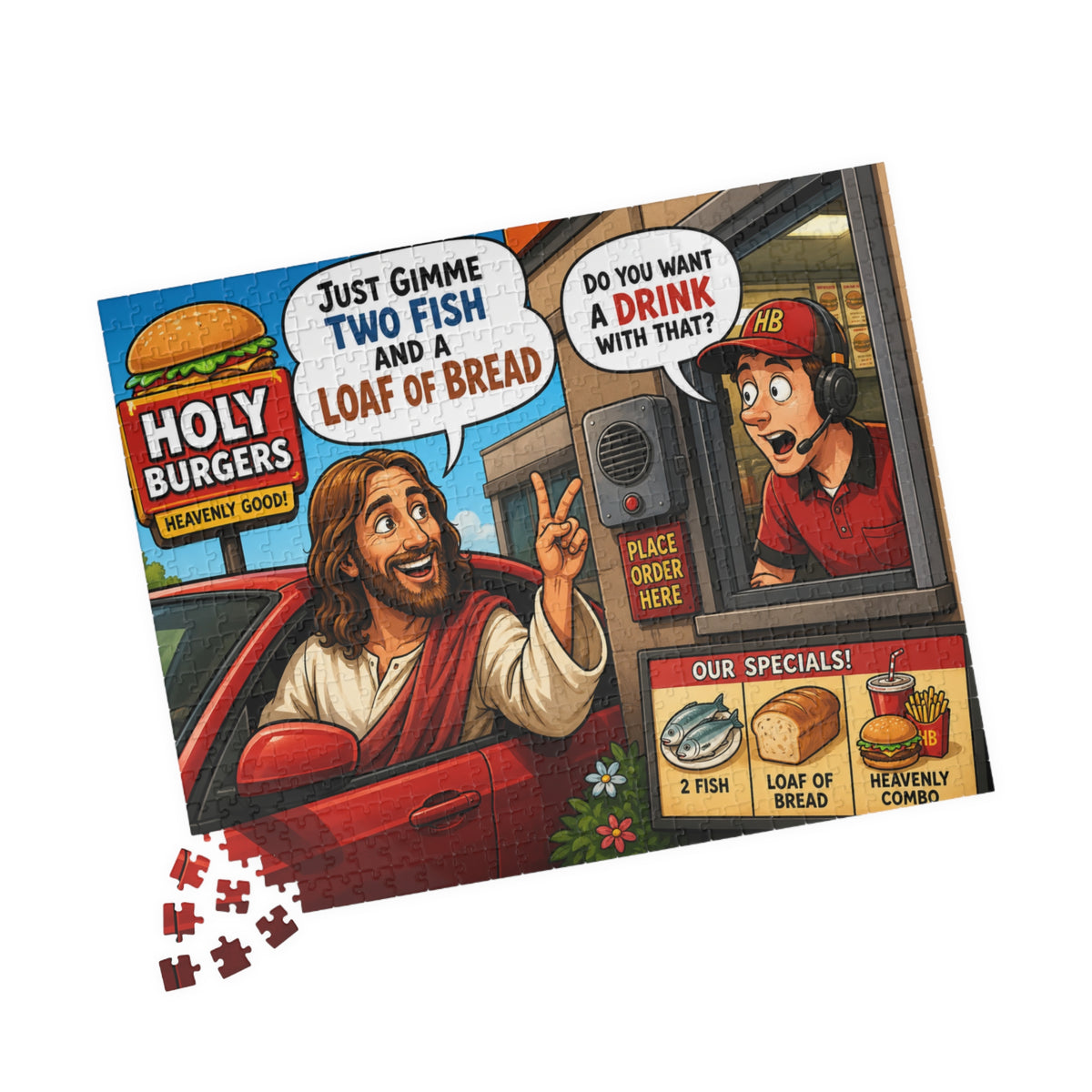Jesus Drive-Thru Puzzle 520 Piece | Holy Burgers Illustration