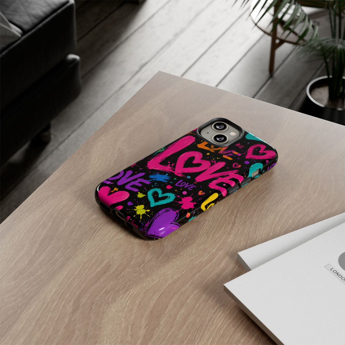 Phone Case — Neon Graffiti "Love" Hearts Protective Tough Case