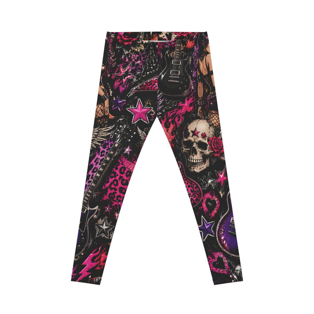 Rock Skull Pattern Leggings — Gothic Pink Skull & Guitar All-Over Print