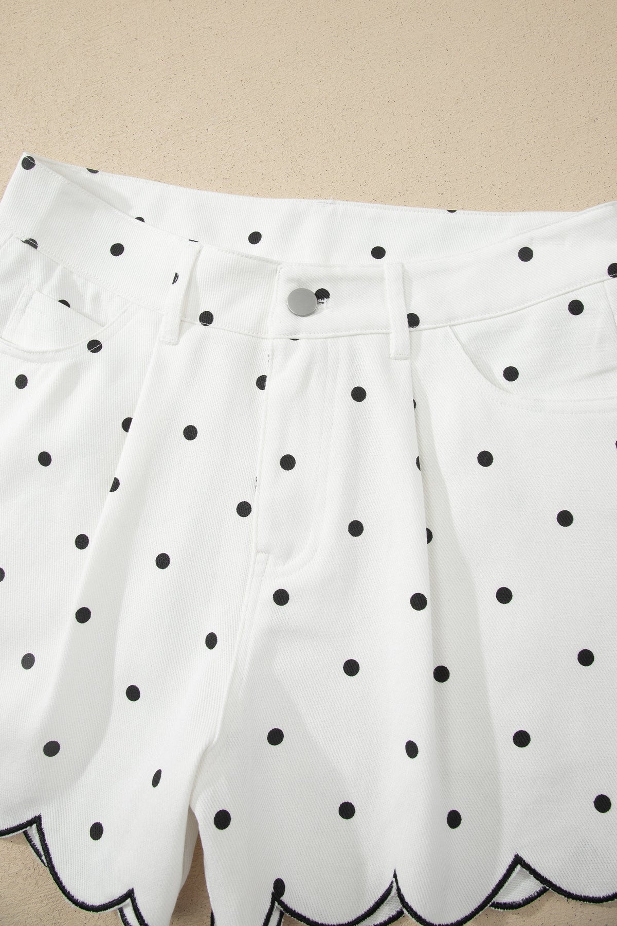 Polka Dot Denim Embroidered Scallop Hem Shorts