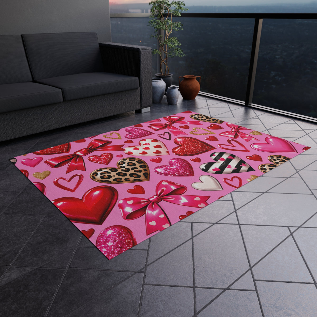 Valentine Hearts Outdoor Rug — Pink Bow & Leopard Accent Doormat