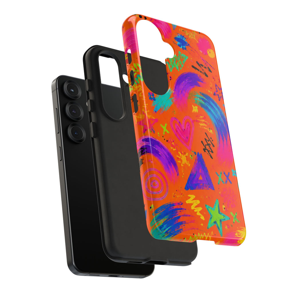 Colorful Neon Doodle Phone Case — Bright Abstract Stars & Hearts Tough Case