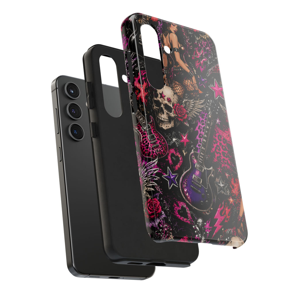 Rock Skull Guitar Phone Case — Edgy Pink Skull & Roses Tough Phone Case