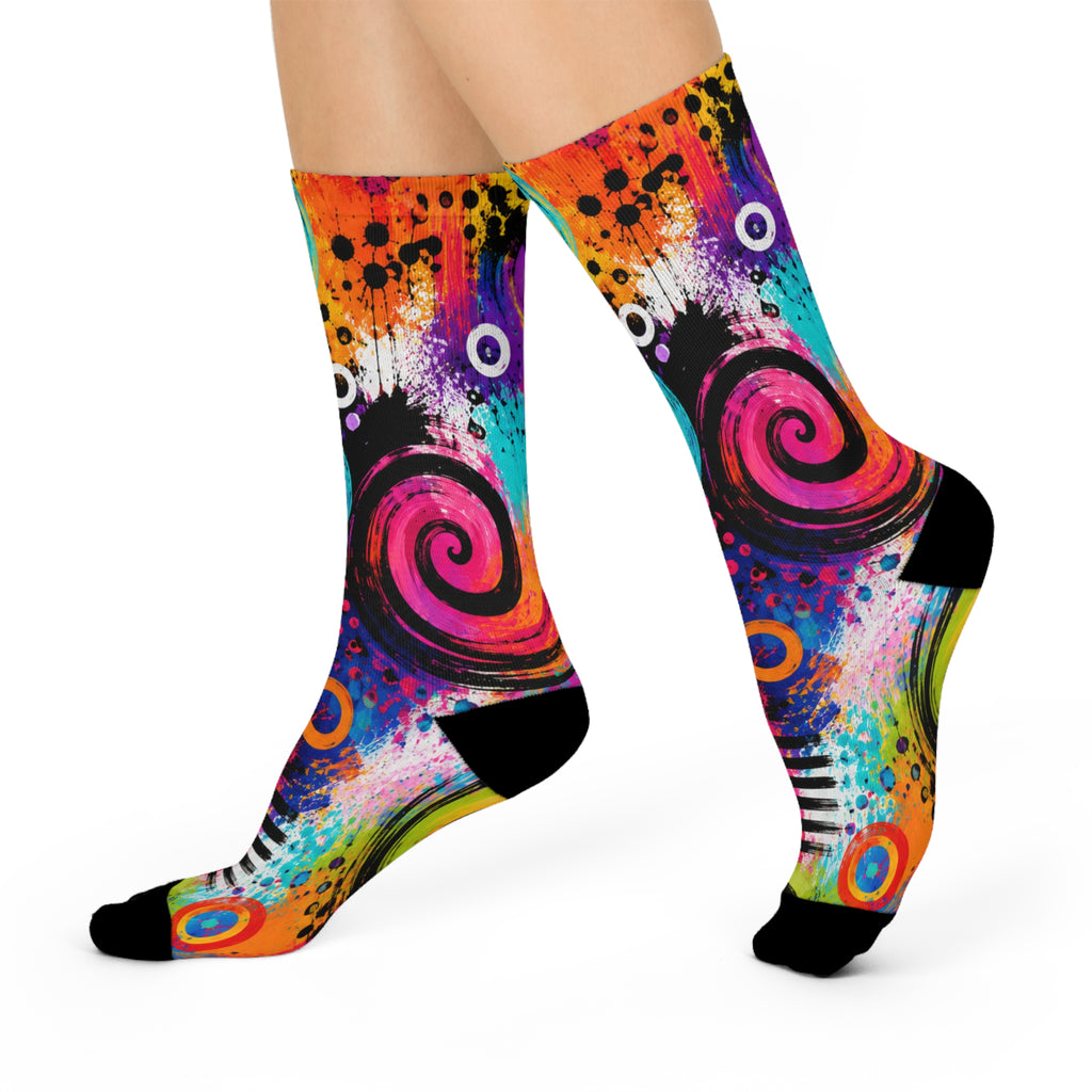 Colorful Abstract Spiral Cushioned Crew Socks — Vibrant Paint-Splash Art