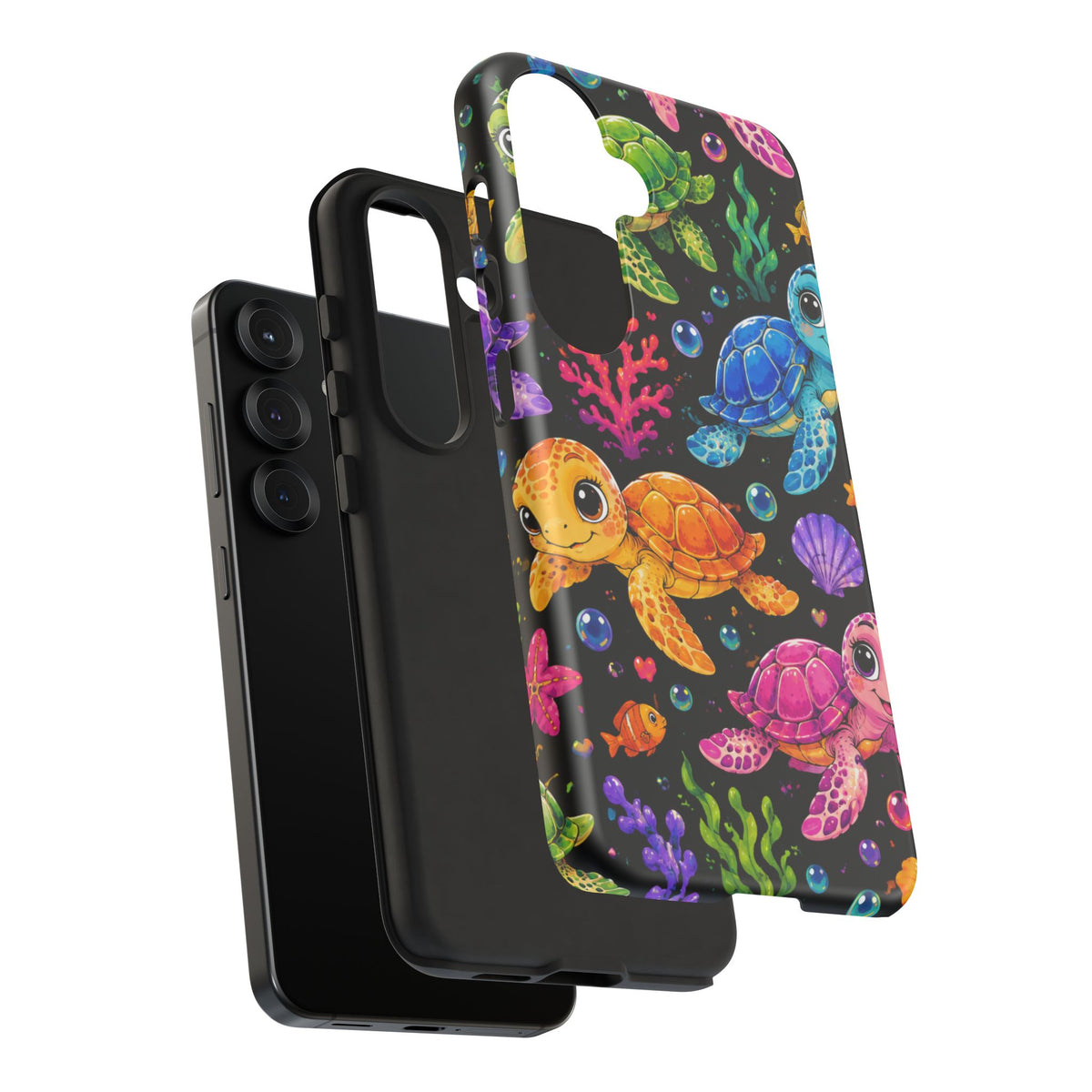 Phone Case — Colorful Cute Sea Turtles on Black (Protective Smartphone Cover)