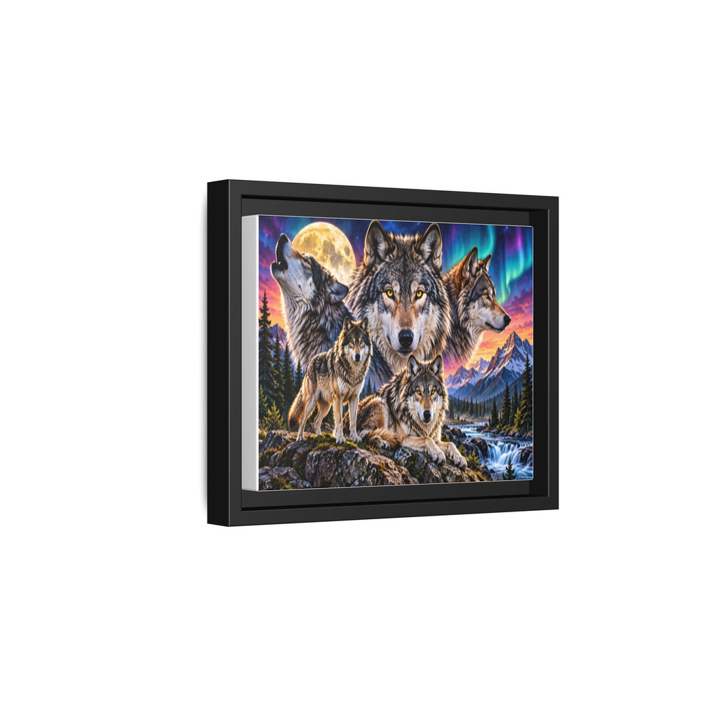 Framed Wolf Pack Matte Canvas Wall Art — Northern Lights Wilderness Scene