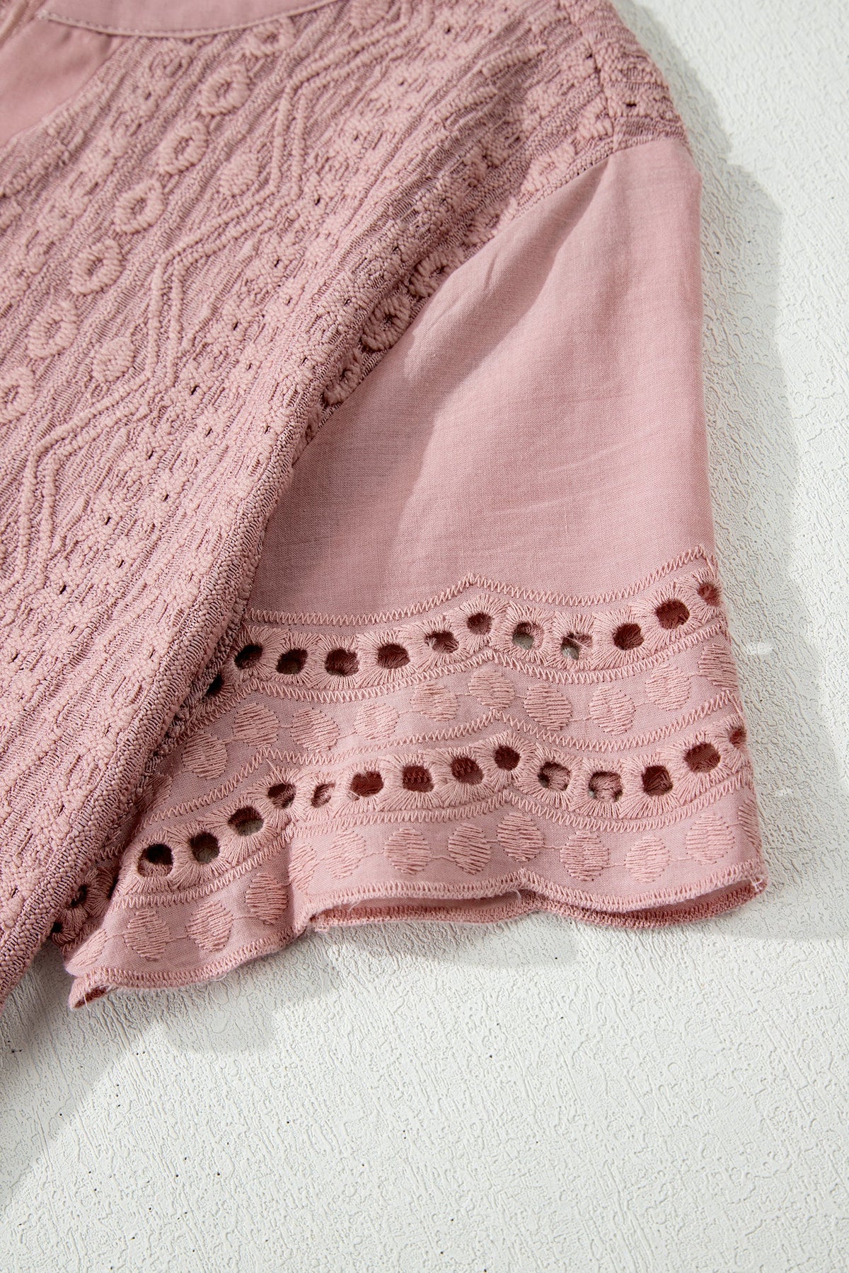 Eyelet Textured Half-Button Short Sleeve Blouse