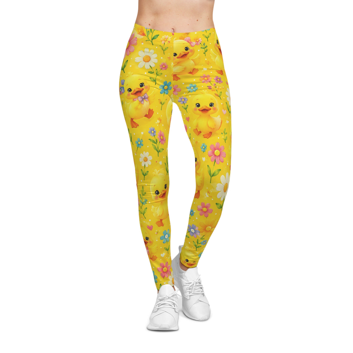 Yellow Floral Duck Leggings — Cute Baby Duck Patterned Women's Leggings
