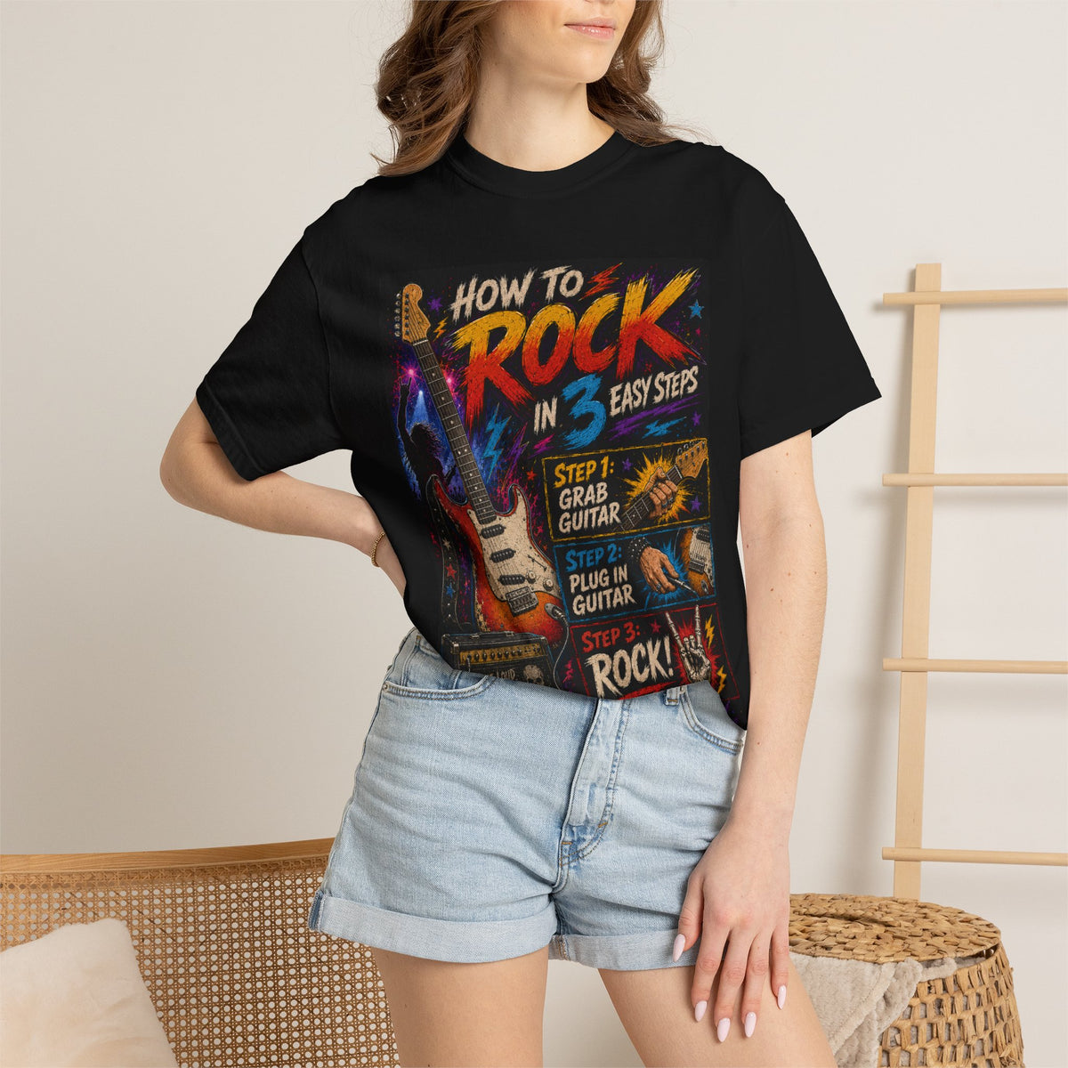 How to Rock in 3 Easy Steps T-shirt | Guitar Rock Tee
