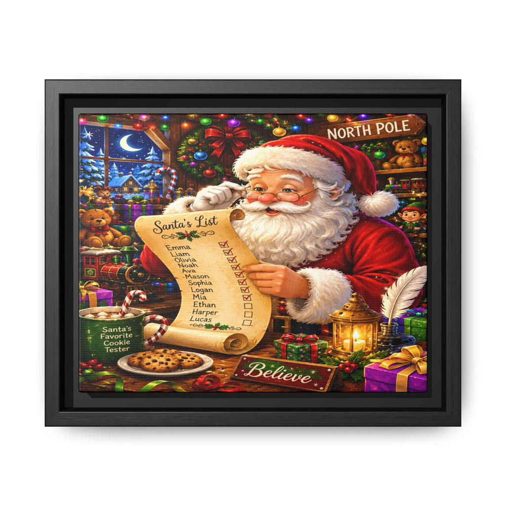 Santa Reading Wish List Matte Framed Canvas — Christmas Holiday Wall Art