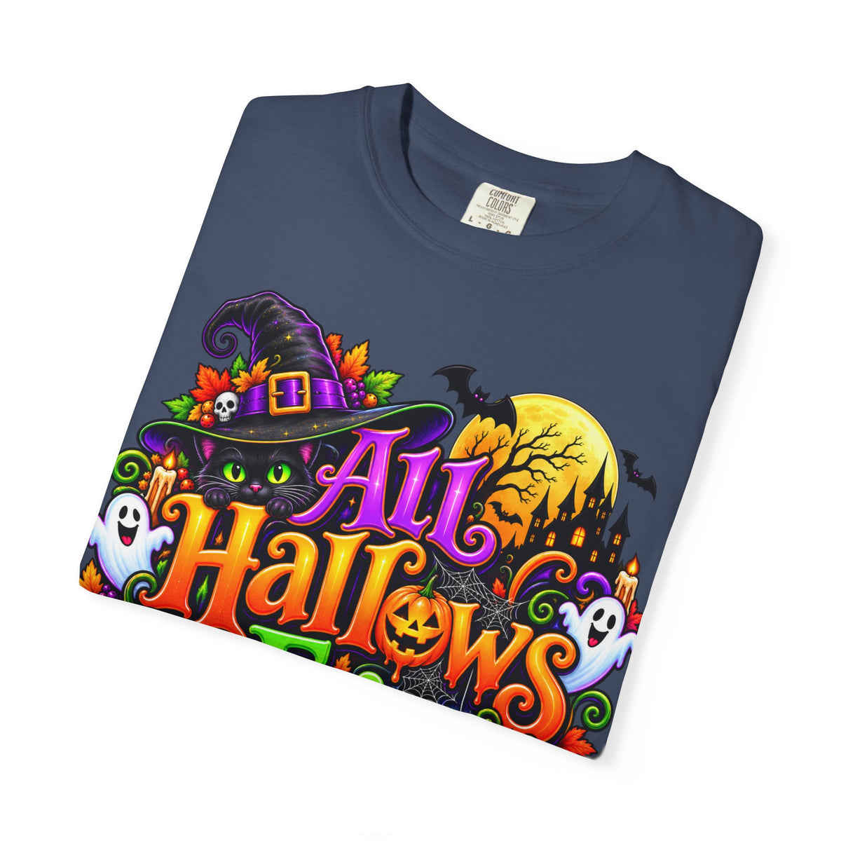 All Hallows Eve Halloween T-Shirt — Colorful Witch, Pumpkins & Ghosts Design