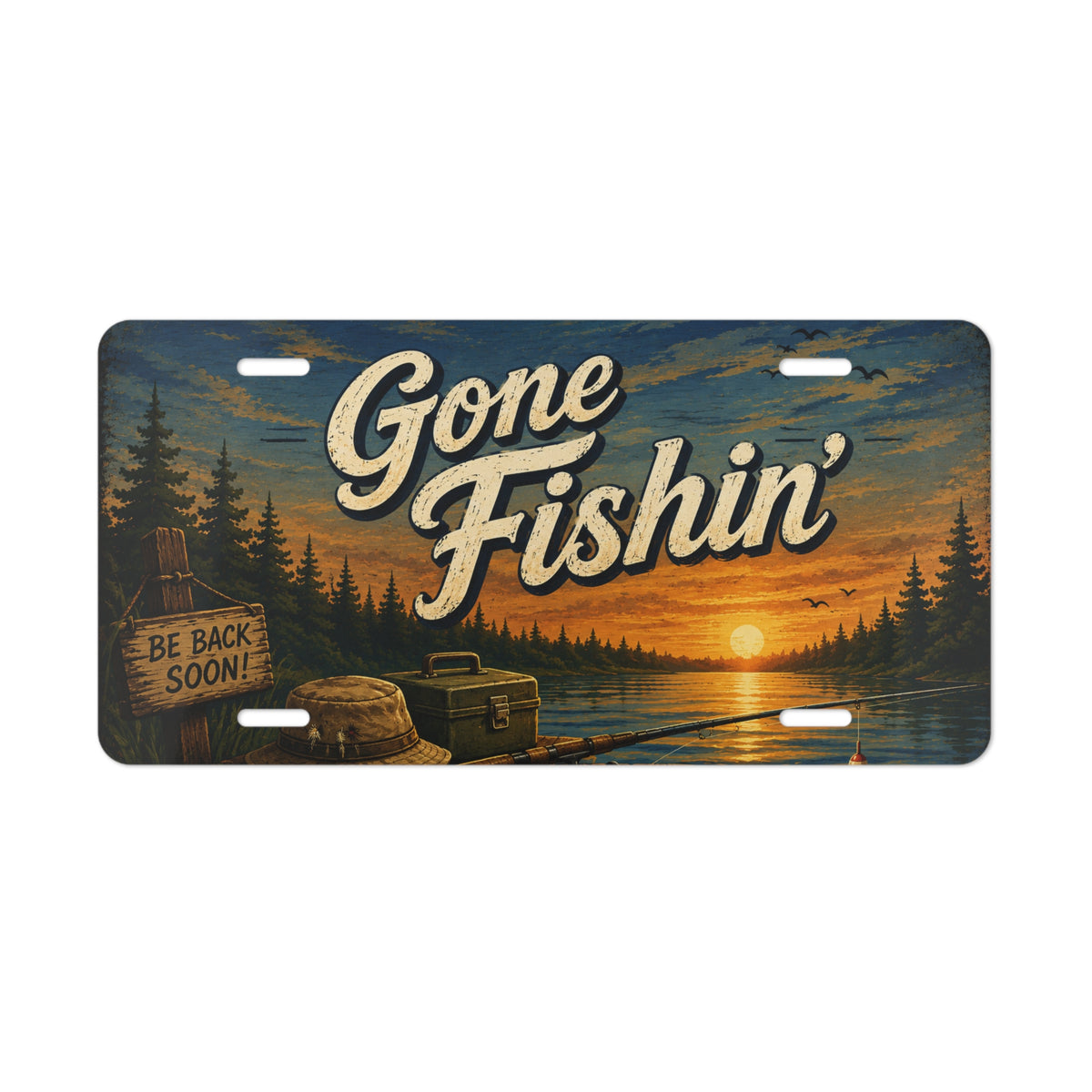 Gone Fishin' sunset lake vanity plate | fishing license plate