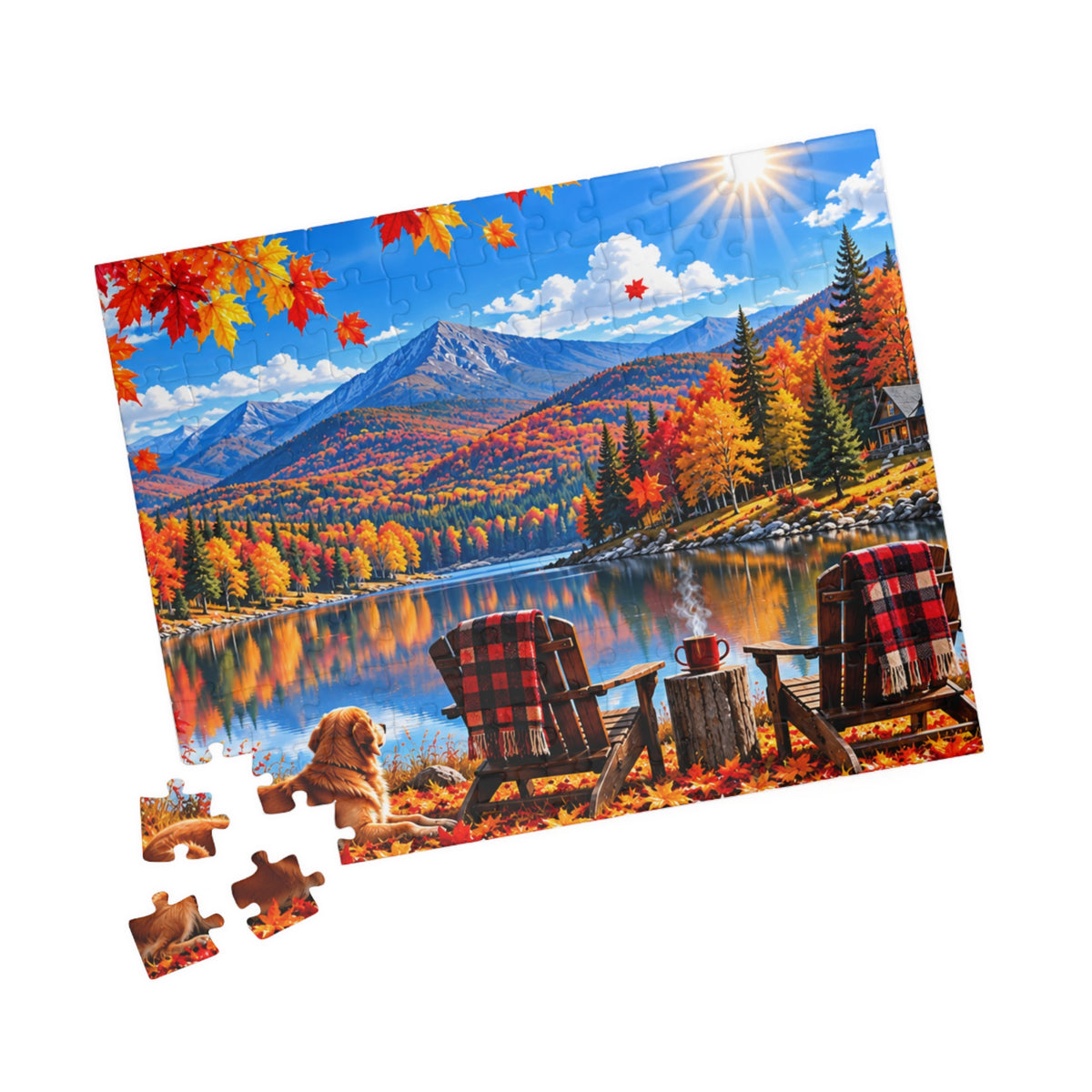 Autumn Lakeview Jigsaw Puzzle — Mountain Cabin Fall Scenery (110–1014 pcs)