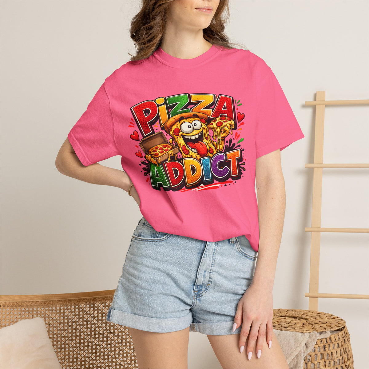 Pizza Addict T-shirt | Cartoon Slice Graphic, Funny Food Tee