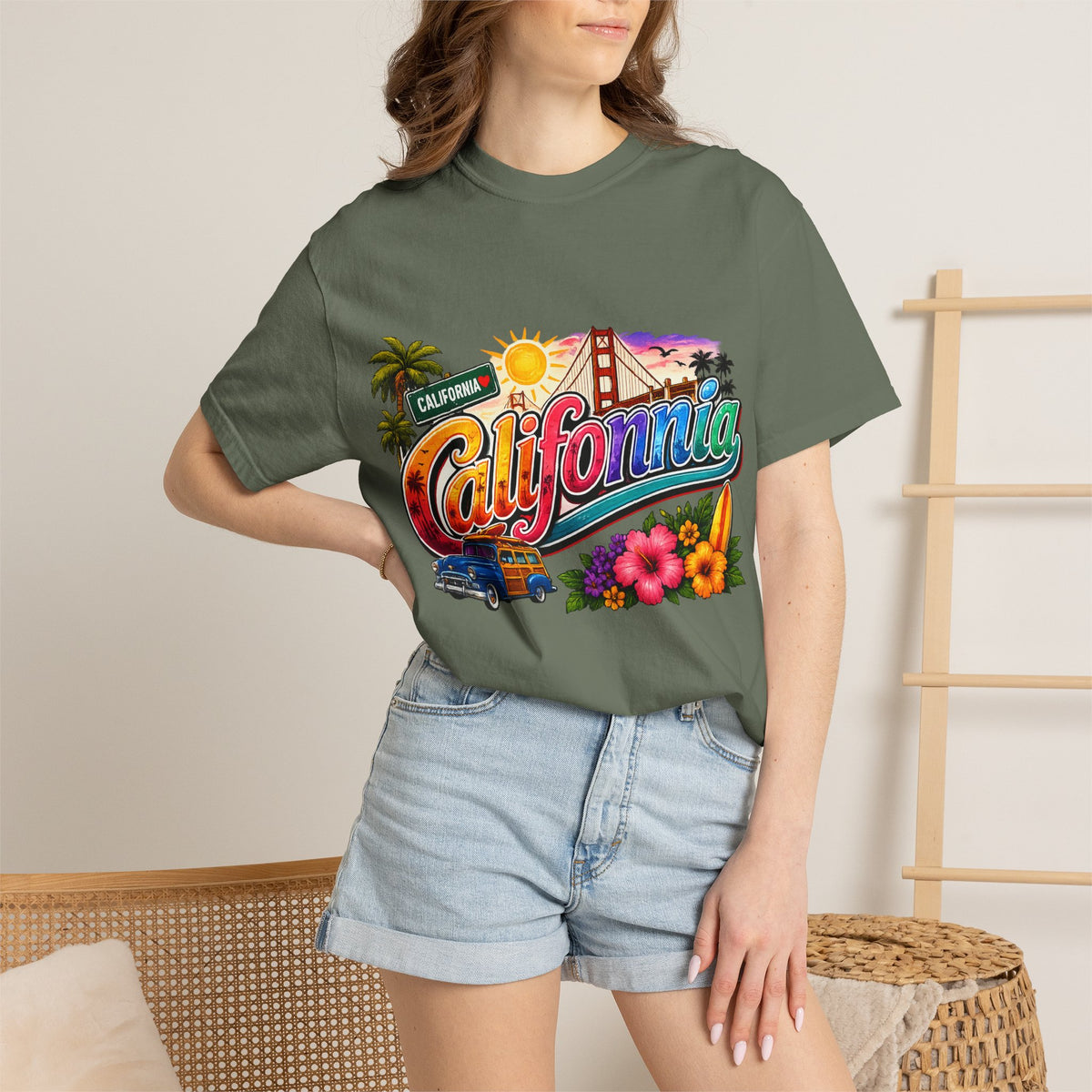 California Retro Sunset T-shirt | Golden Gate, Palm Trees & Surf