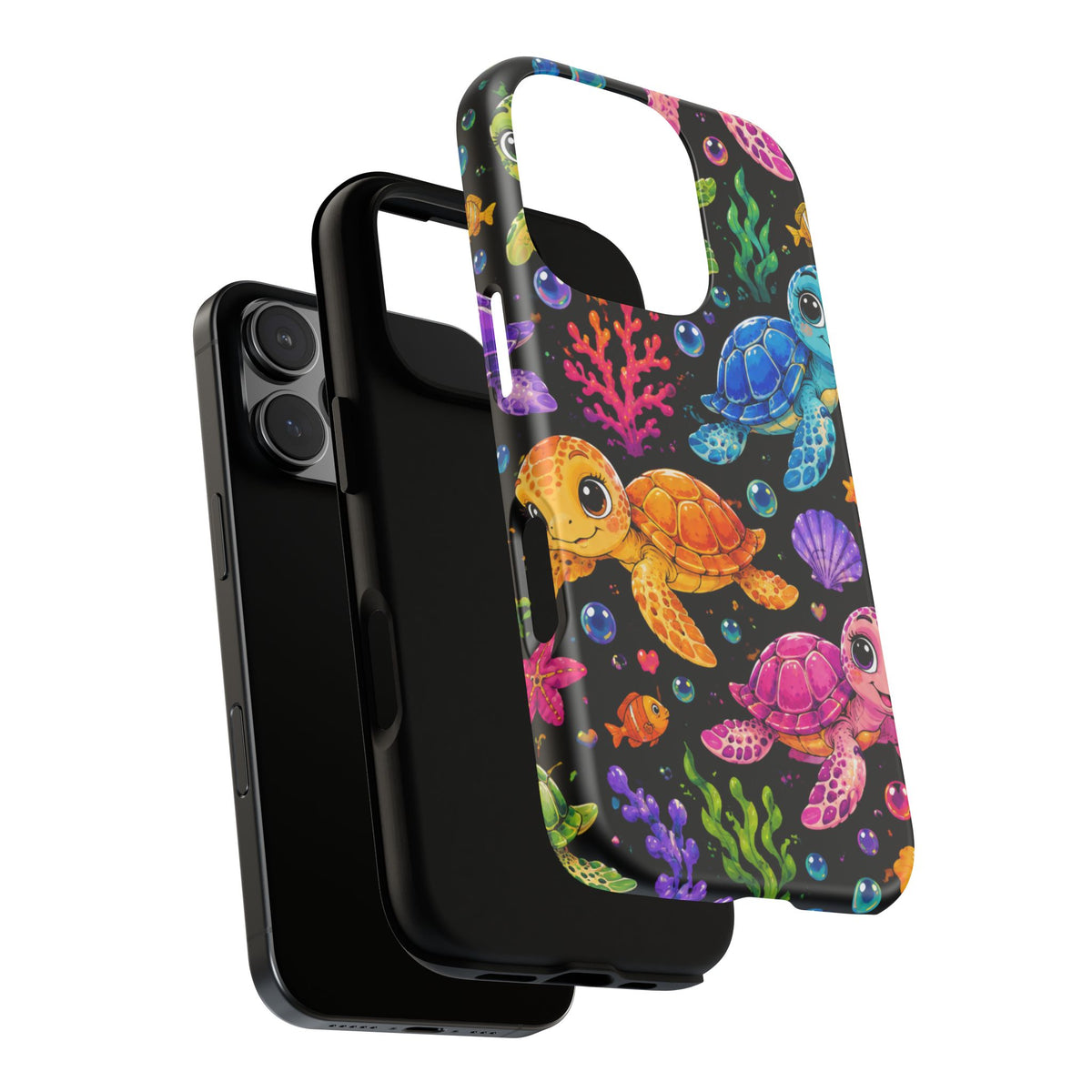 Phone Case — Colorful Cute Sea Turtles on Black (Protective Smartphone Cover)
