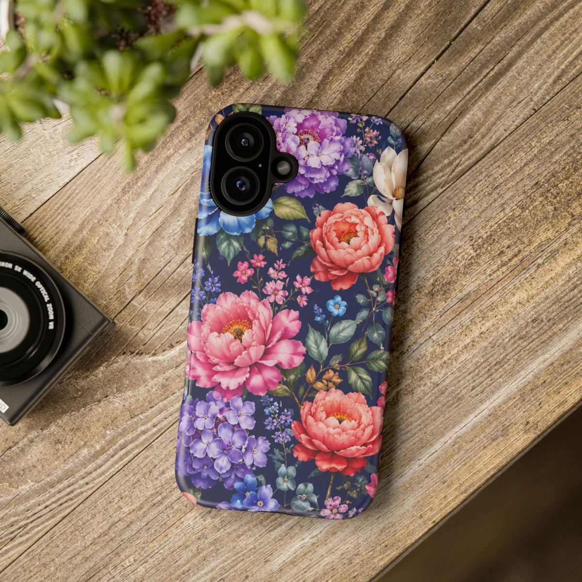 Floral Tough Phone Case – Vibrant Garden Flowers on Navy
