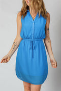 Solid Collared V-Neck Elastic Waist Sleeveless Dress