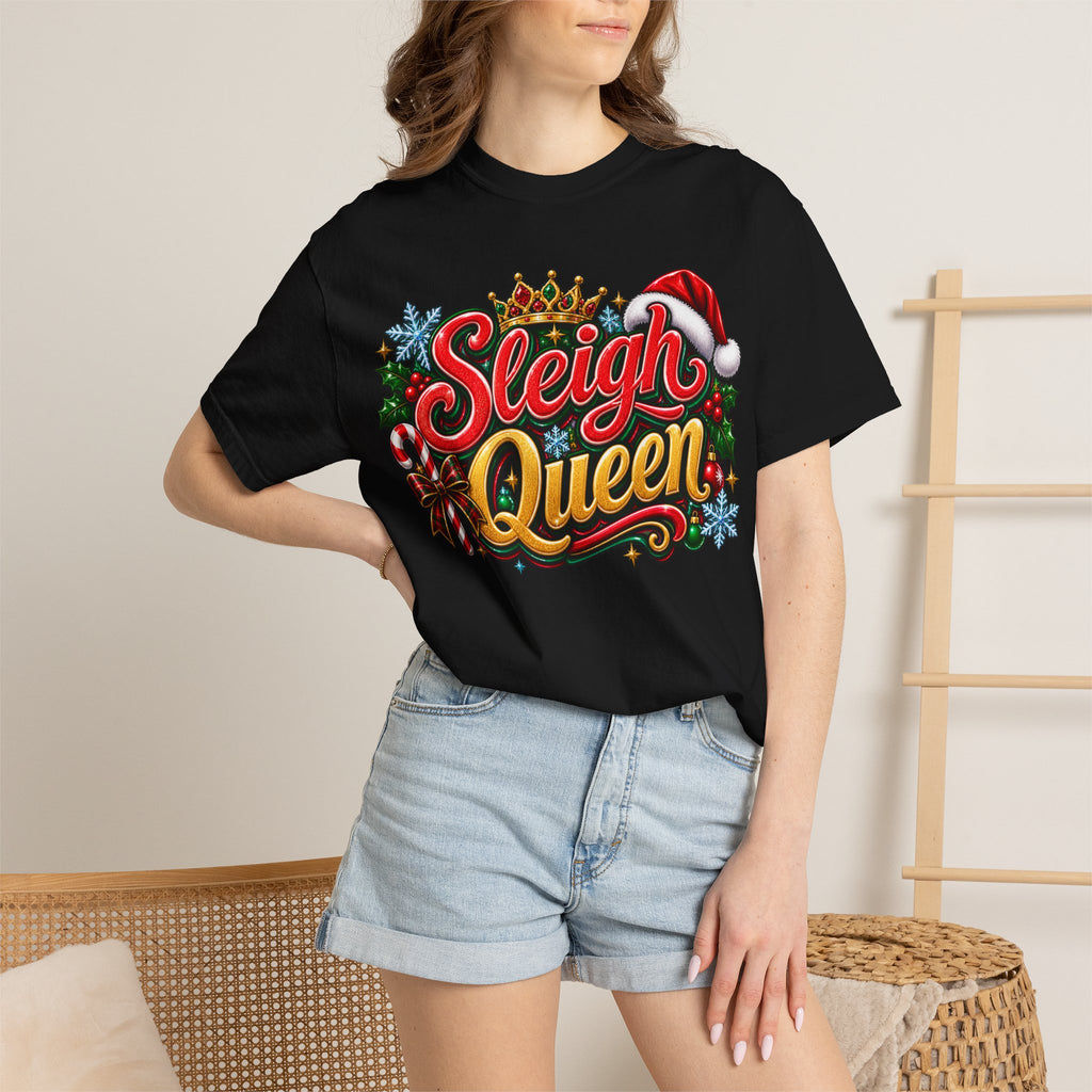 Sleigh Queen T-Shirt — Festive Christmas Holiday Tee with Santa Hat & Candy Cane Design