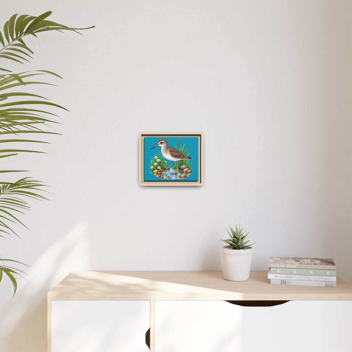 Framed Shorebird Canvas Art — Sandpiper Illustration on Teal Matte