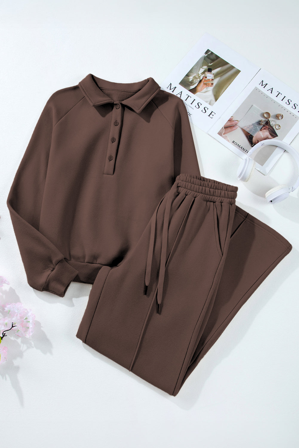 Solid Collared Sweatshirt and Pants Set