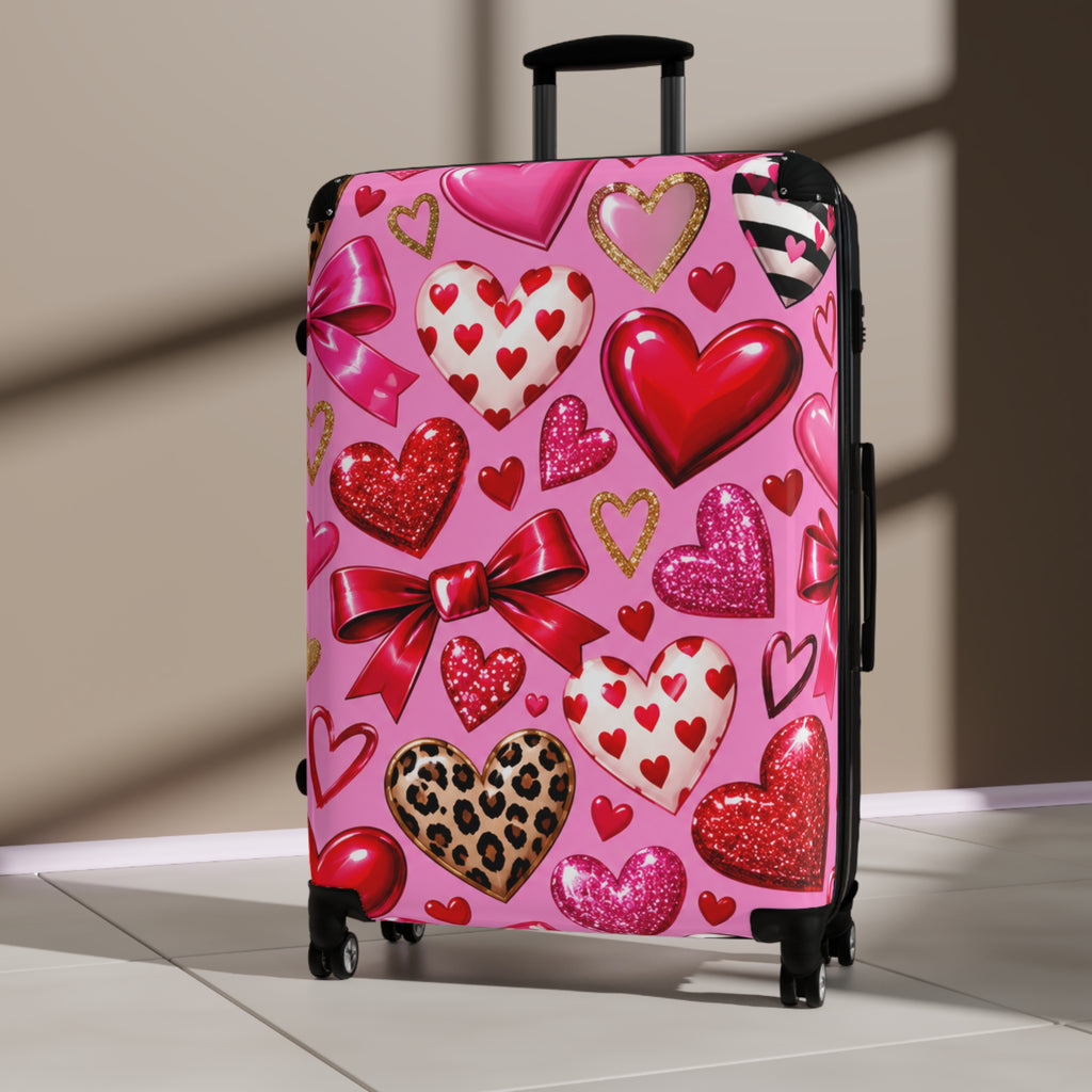 Valentine Heart Pattern Suitcase – Pink Glitter & Leopard Hearts Carry-On