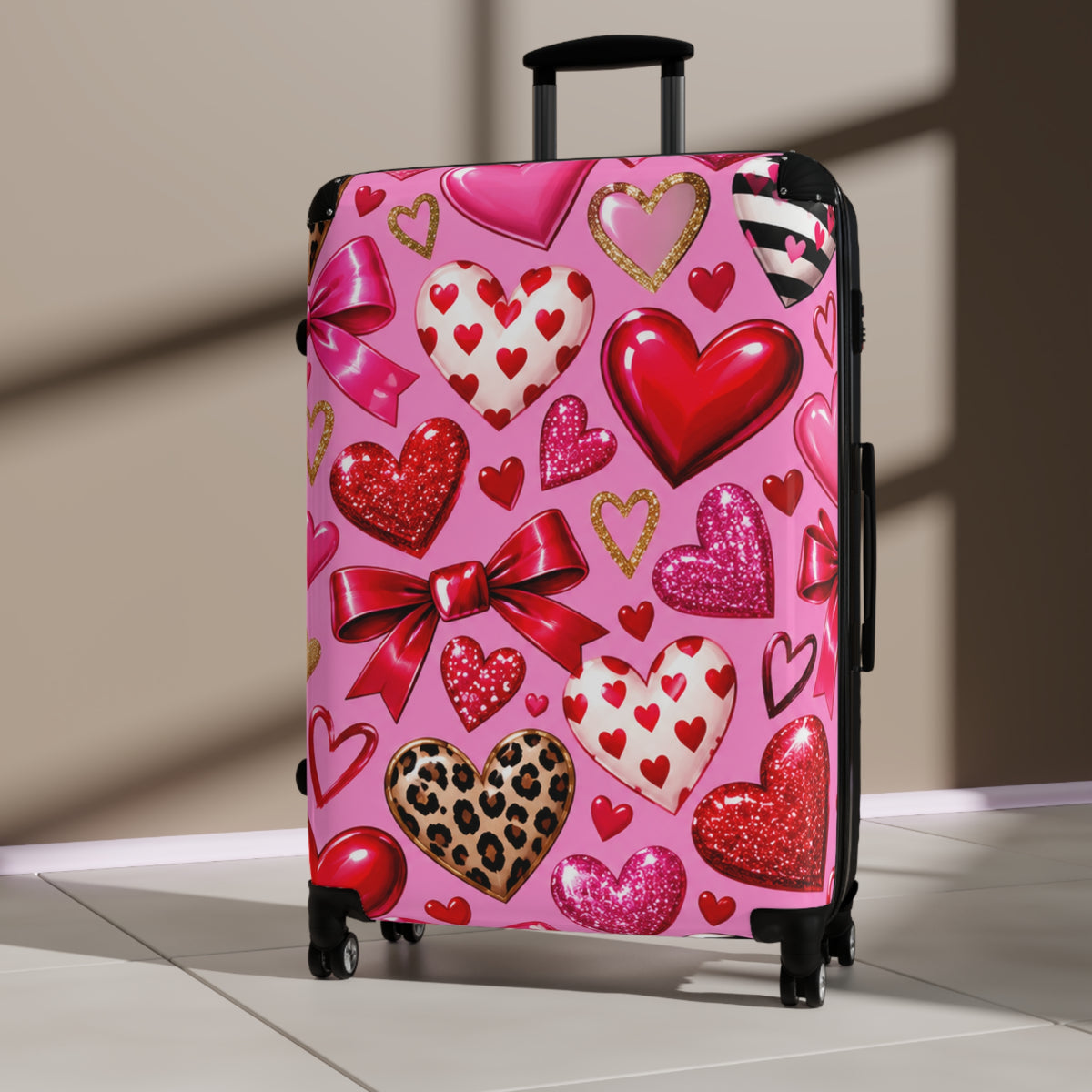 Valentine Heart Pattern Suitcase – Pink Glitter & Leopard Hearts Carry-On