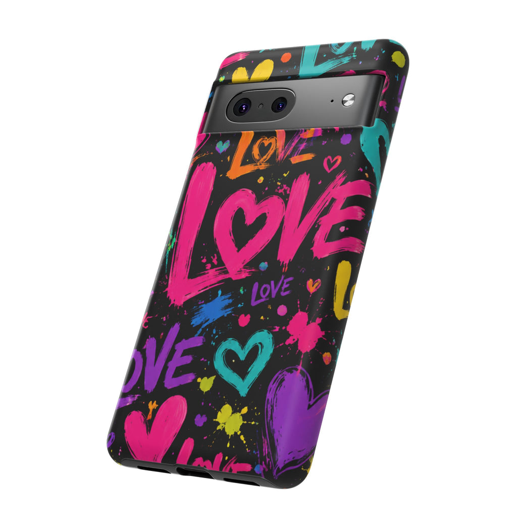 Phone Case — Neon Graffiti "Love" Hearts Protective Tough Case