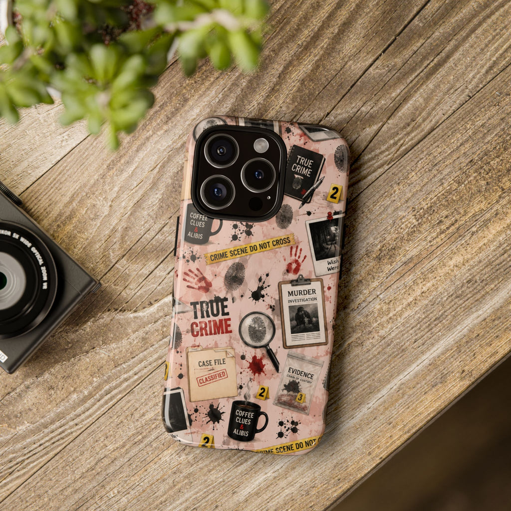 True Crime Pattern Phone Case – Detective Evidence, Crime Scene Tape & 'True Crime' Design