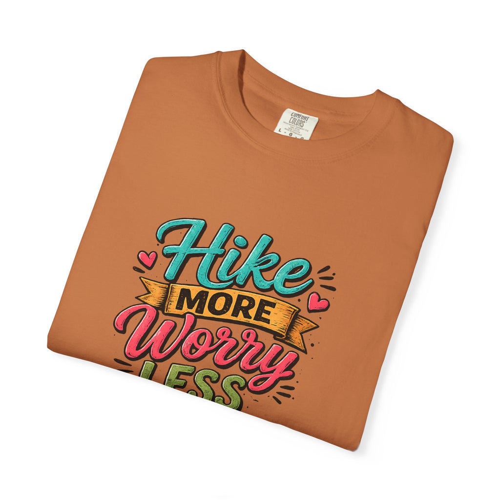 Hike More Worry Less T-Shirt | Hiking Backpack Trail Sign Tee