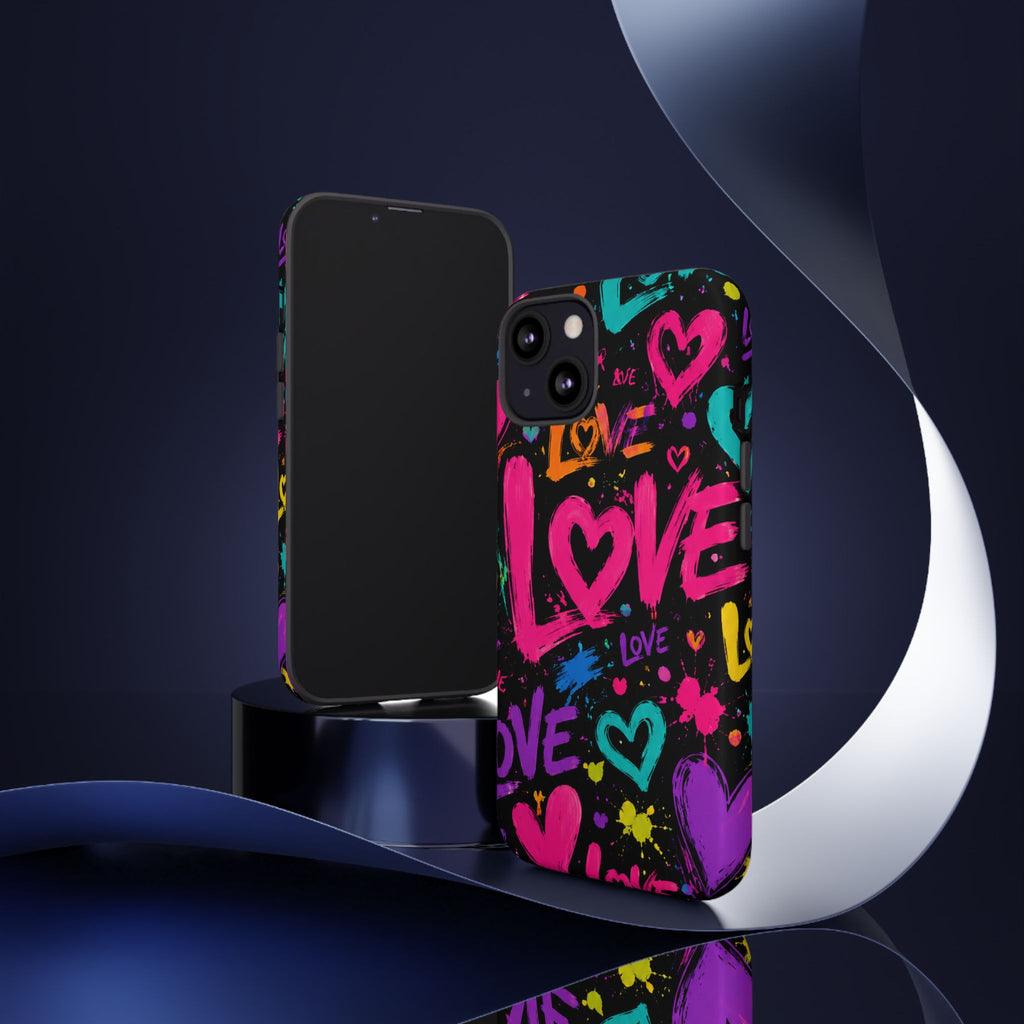 Phone Case — Neon Graffiti "Love" Hearts Protective Tough Case