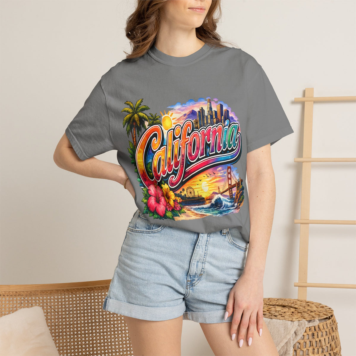 California Sunset Scenic T-shirt | Golden Gate Palm Beach Hibiscus
