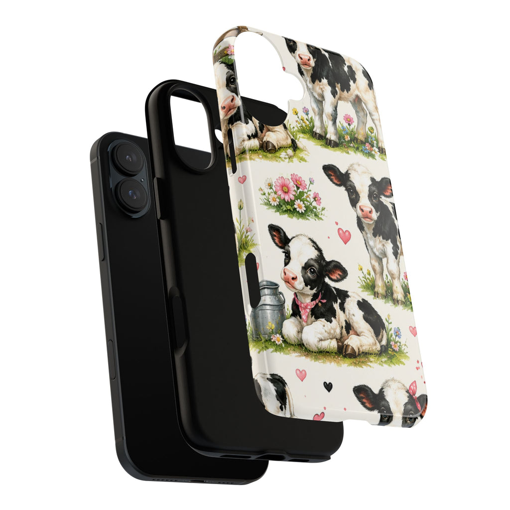 Cute Calf Pattern Phone Case – Pastel Cow Hearts & Flowers Protective Cover