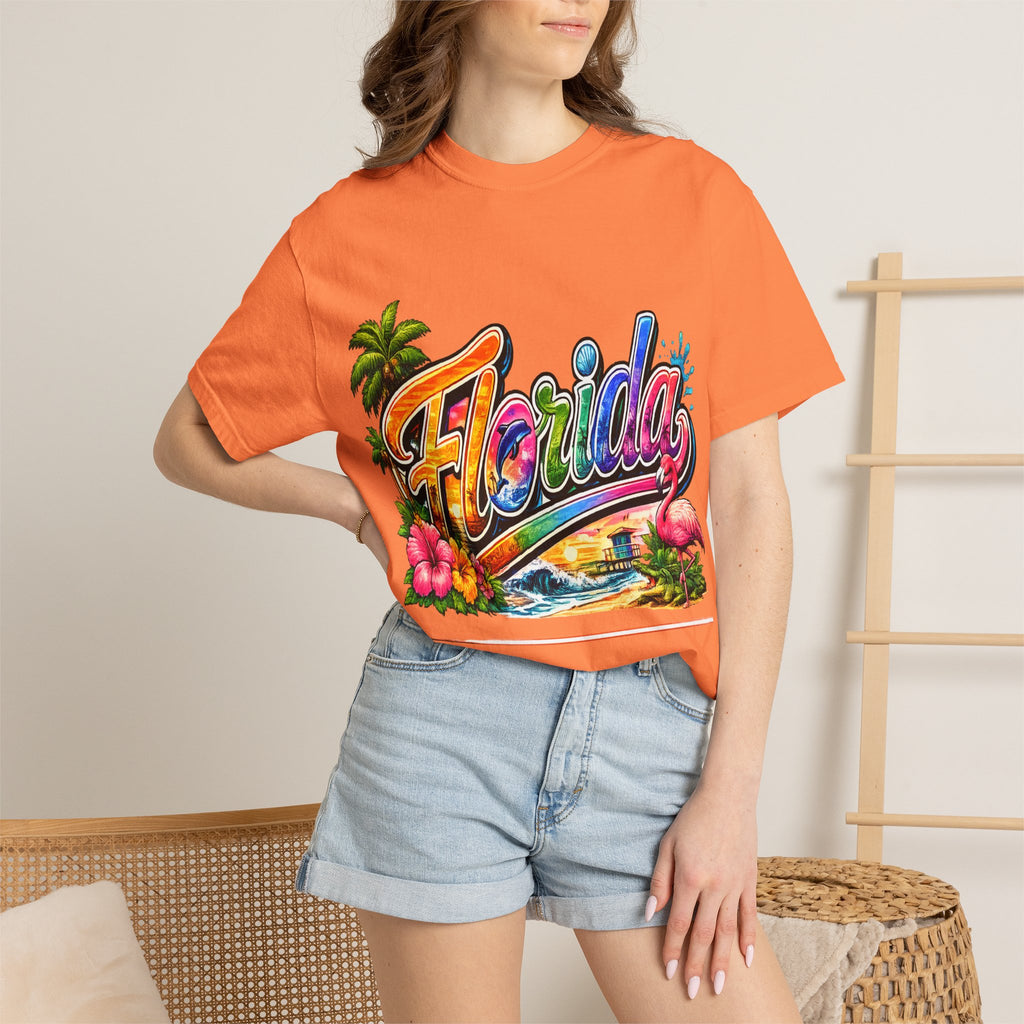 Florida Retro Palm Beach Sunset T-Shirt | Flamingo Hibiscus