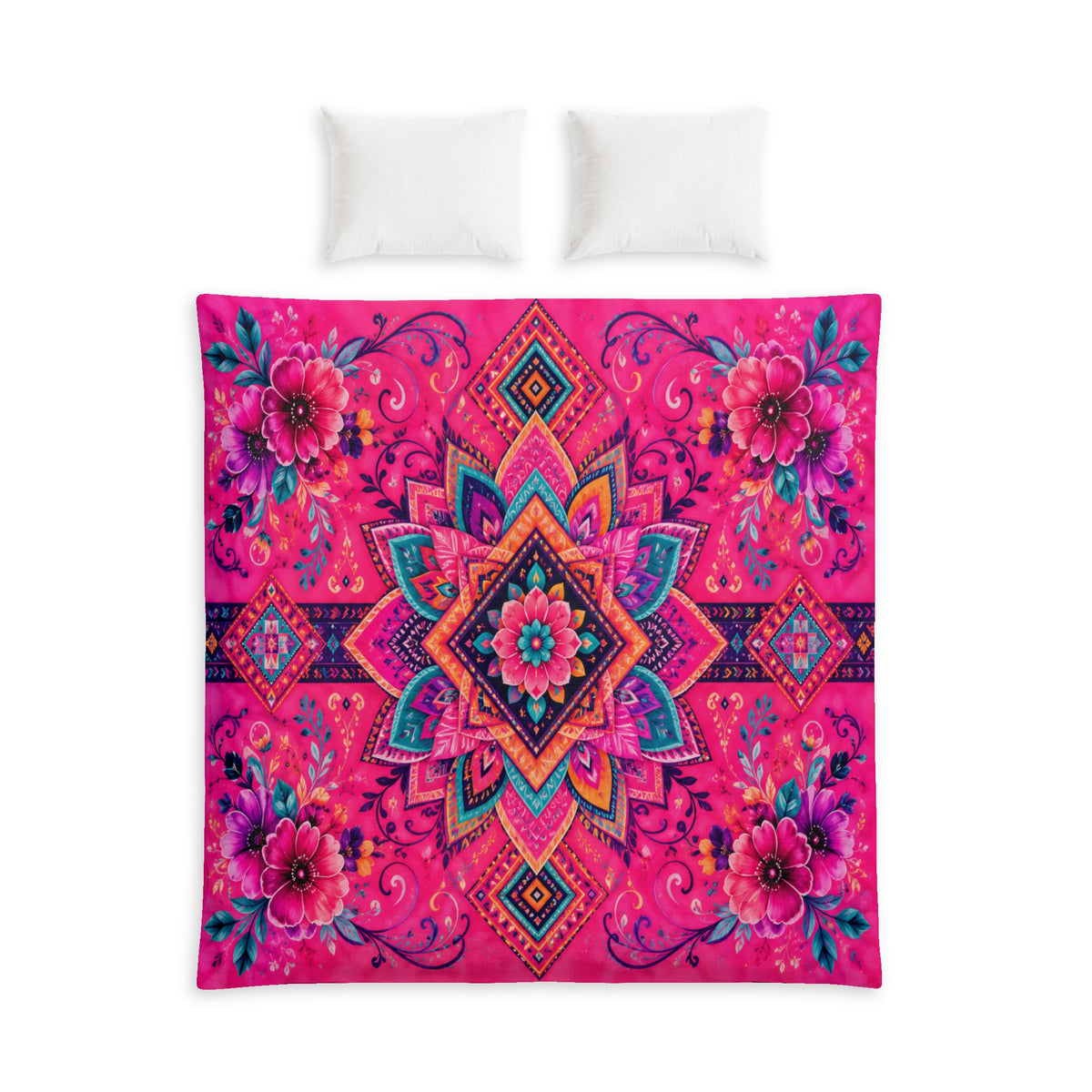 Bohemian Pink Mandala Duvet Cover – Vibrant Floral Cotton Bed Set