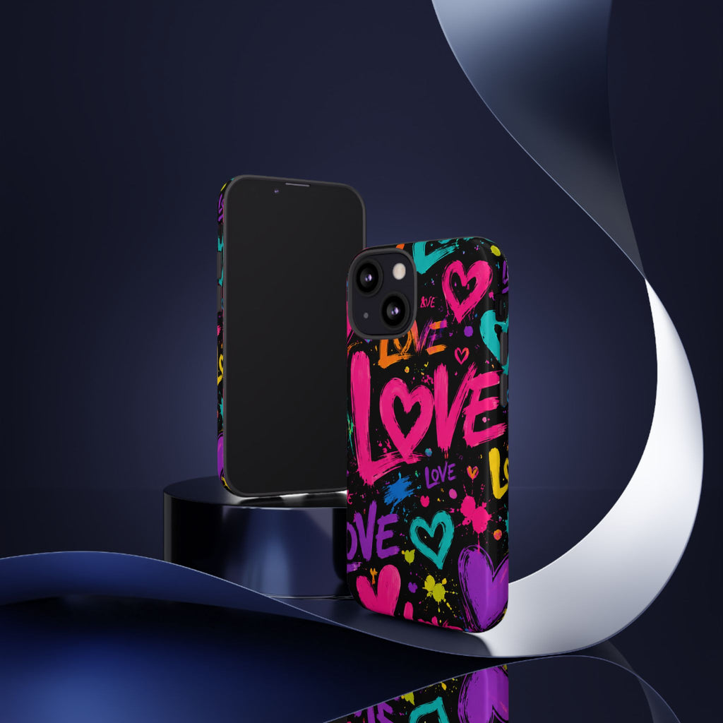 Phone Case — Neon Graffiti "Love" Hearts Protective Tough Case