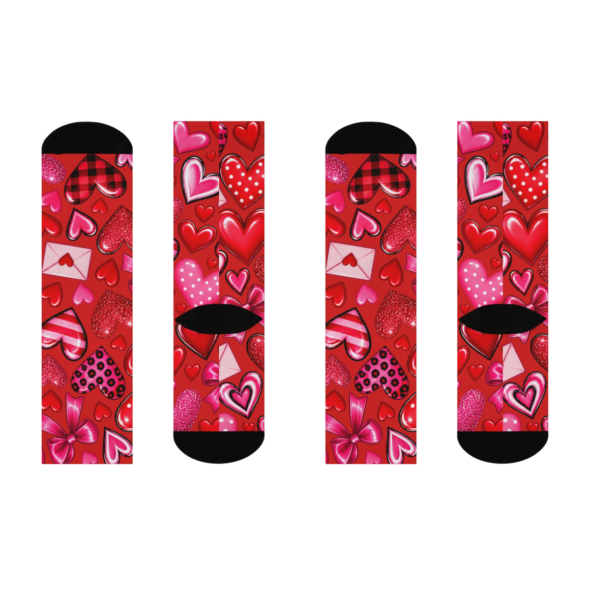 Valentine Heart Pattern Cushioned Crew Socks - Red Love, Envelopes & Bows