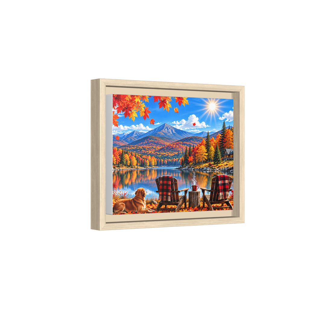 Autumn Lake Framed Canvas Print — Cozy Fall Cabin Landscape