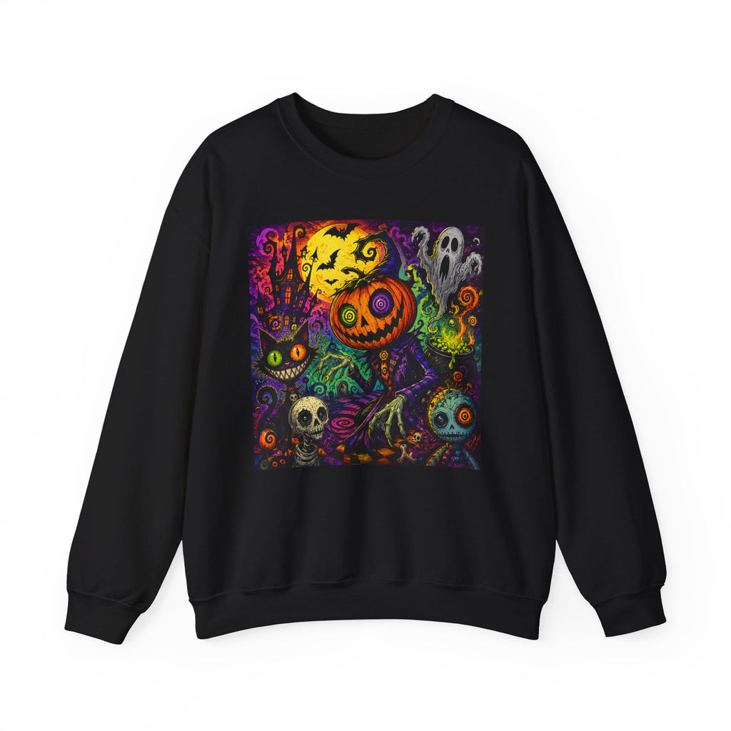 Halloween Pumpkin Crewneck Sweatshirt — Neon Spooky Skull & Ghosts Design