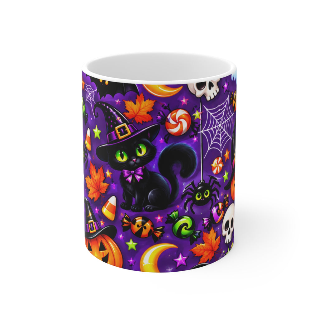 Halloween Pattern Coffee Mug — Cute Black Cats, Ghosts & Candy 11oz