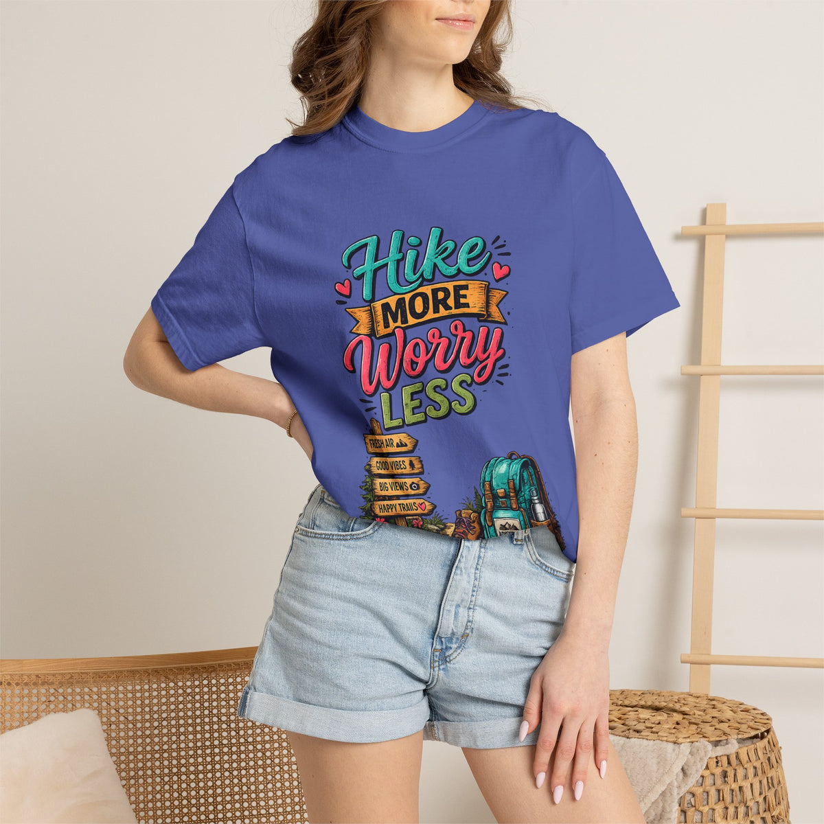 Hike More Worry Less T-Shirt | Hiking Backpack Trail Sign Tee