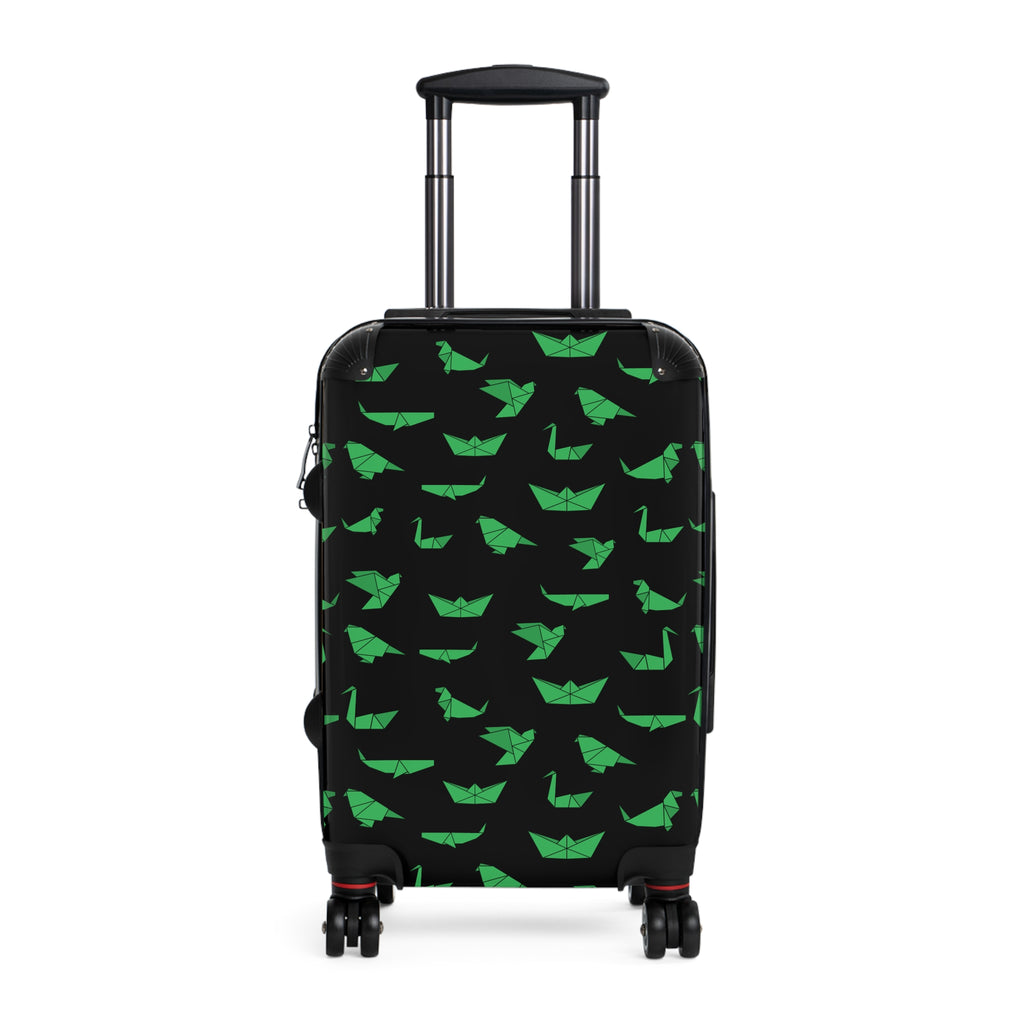 Green Paper Boat Pattern Suitcase — Lightweight Travel Luggage with Origami Boats