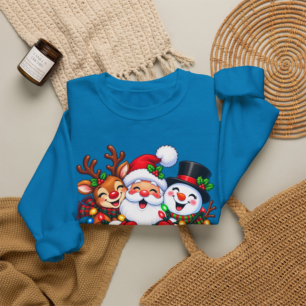 Christmas Trio Crewneck Sweatshirt — Santa, Reindeer & Snowman Holiday Pullover