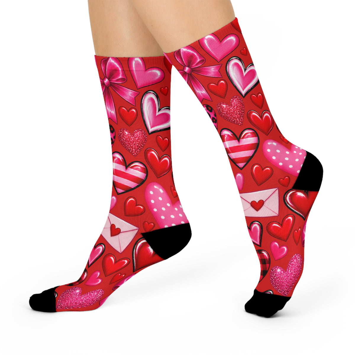 Valentine Heart Pattern Cushioned Crew Socks - Red Love, Envelopes & Bows