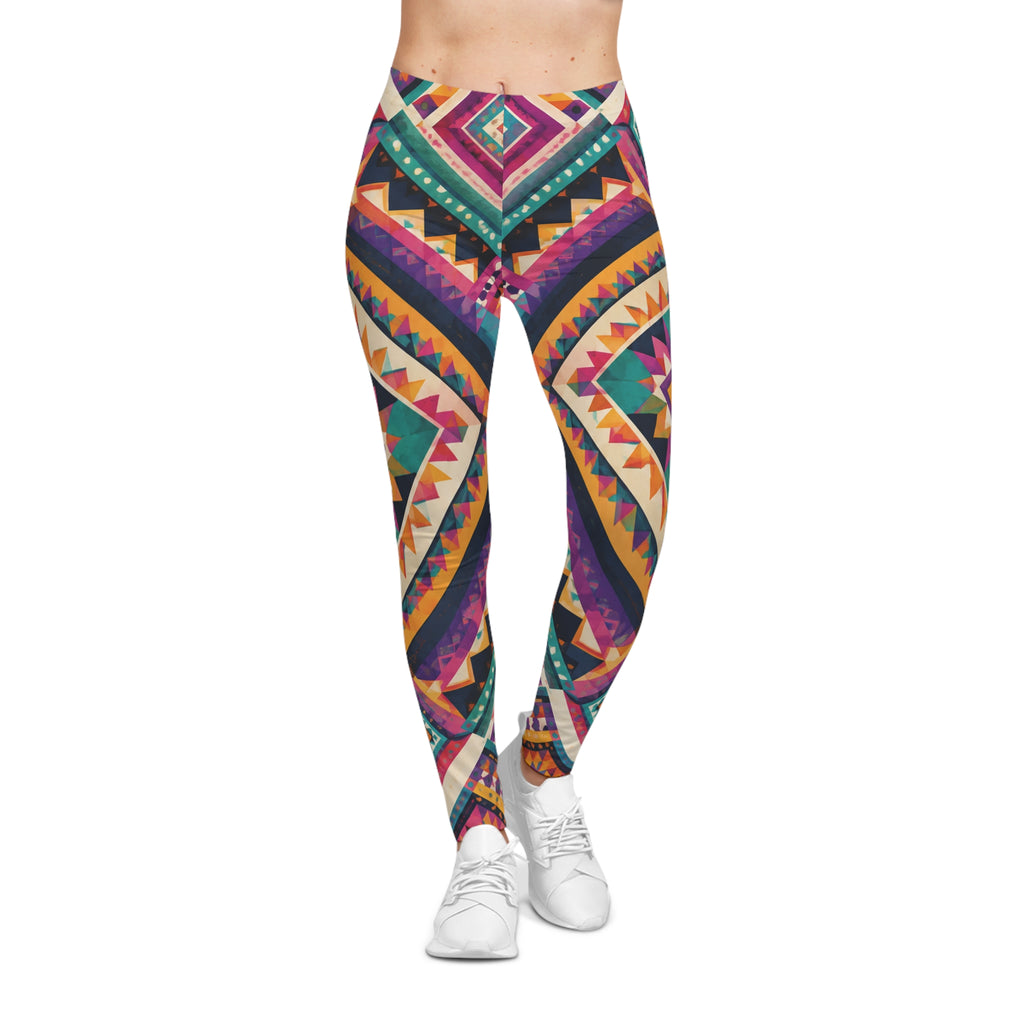 Boho Aztec Print Leggings — Colorful Geometric All-Over Print for Everyday Wear