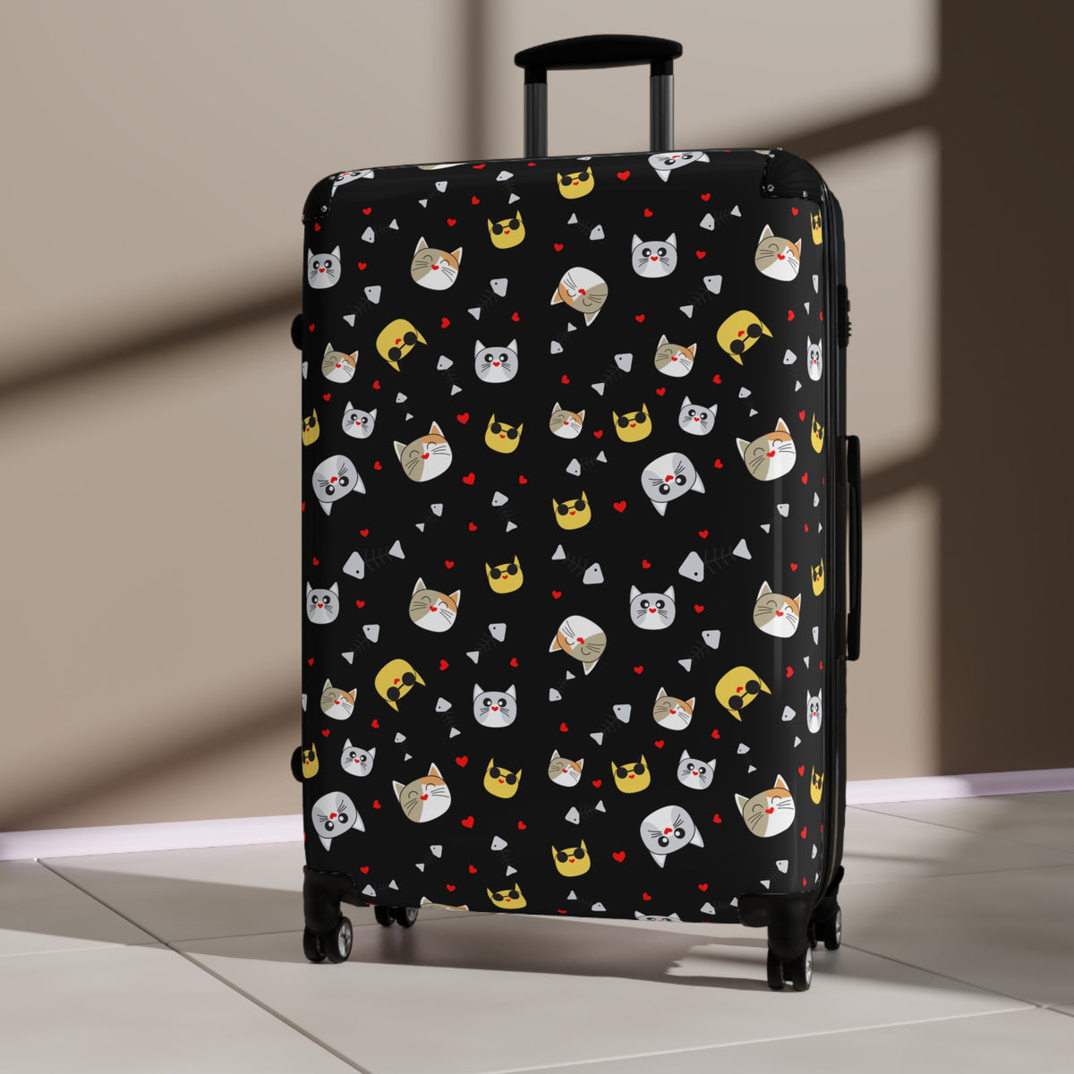 Cat Crown Print Suitcase — Cute Black Travel Luggage with Emoji Cat Pattern